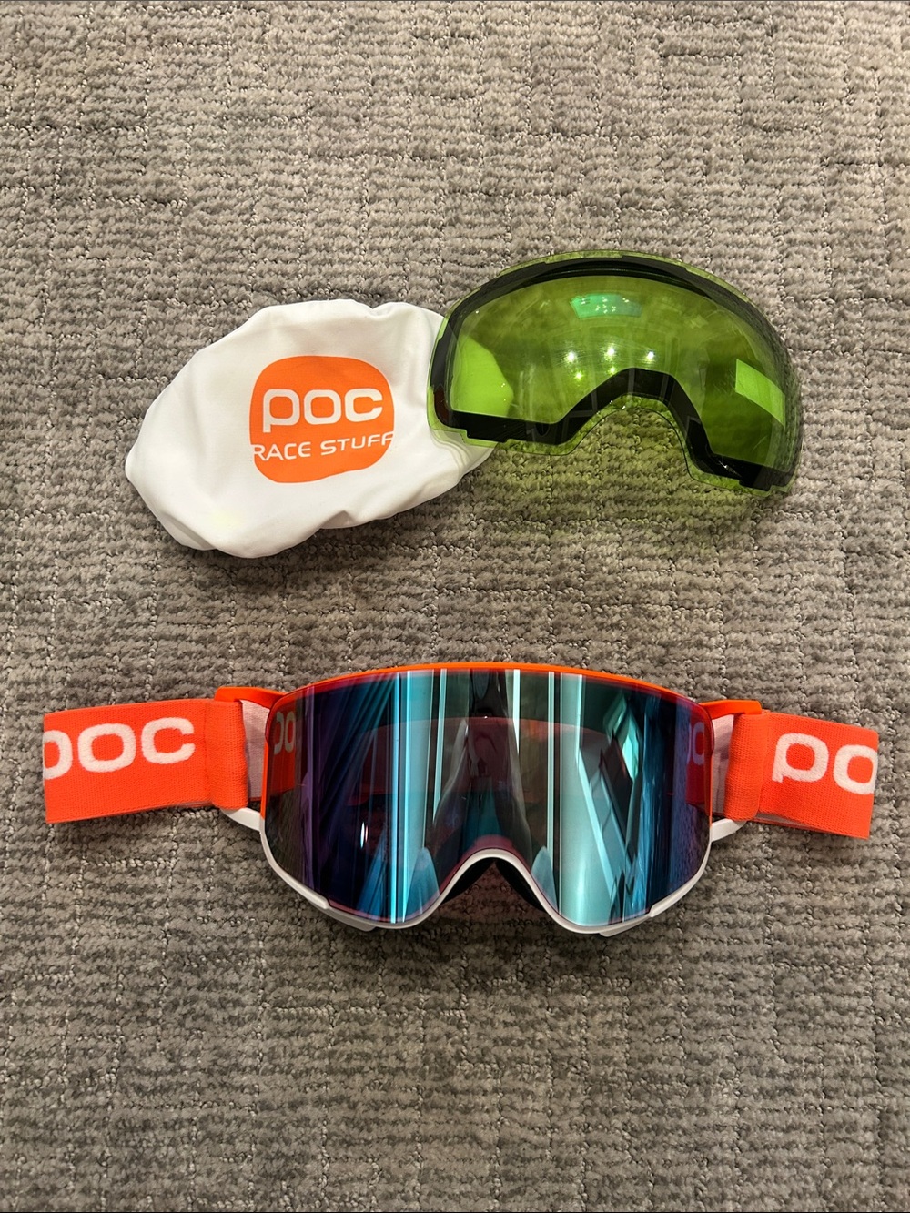 POC Orange and White Ski Goggles with Interchangeable Green Lens